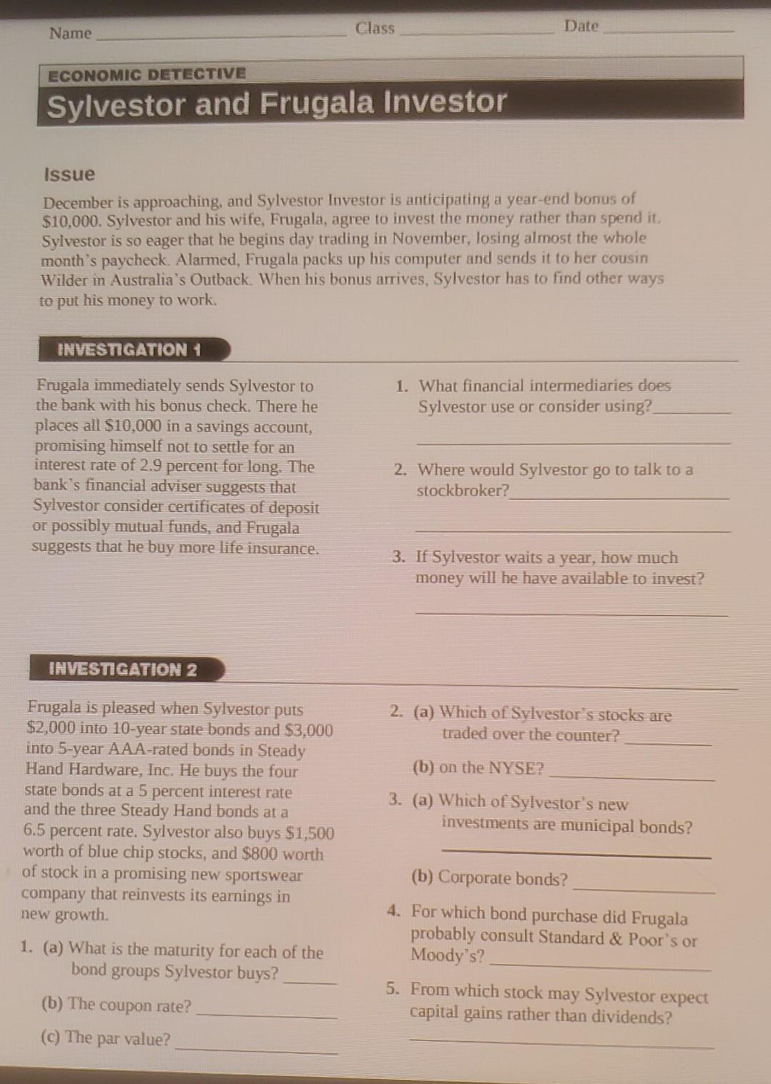 Solved Name ECONOMIC DETECTIVE Sylvestor and Frugala | Chegg.com