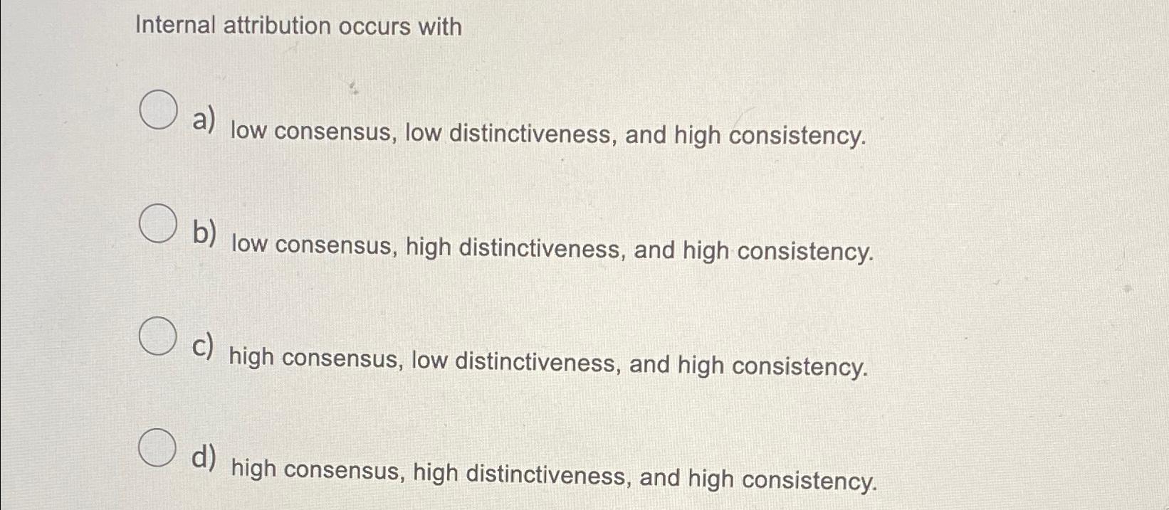 Solved Internal attribution occurs witha) ﻿low consensus,