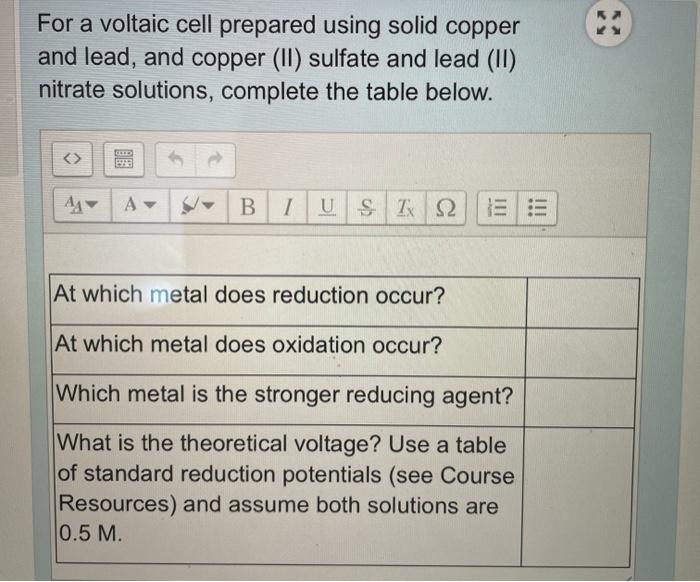 Solved For A Voltaic Cell Prepared Using Solid Copper And | Chegg.com