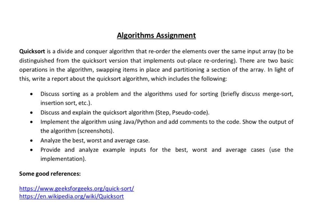 Solved Algorithms Assignment Quicksort is a divide and | Chegg.com