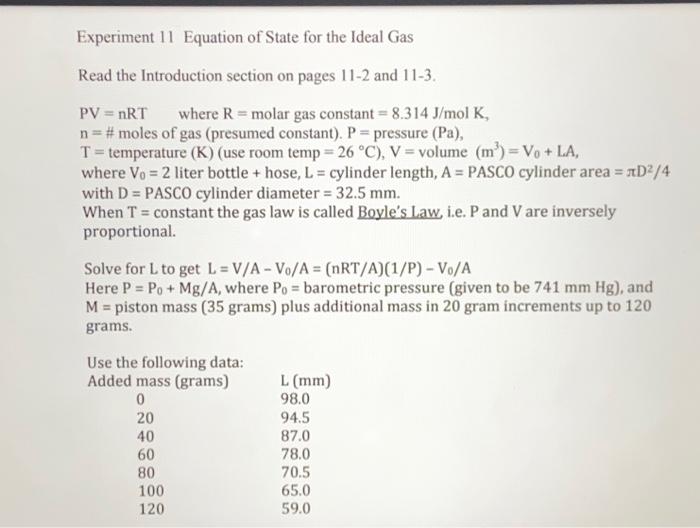 Solved Experiment 11 Equation Of State For The Ideal Gas | Chegg.com