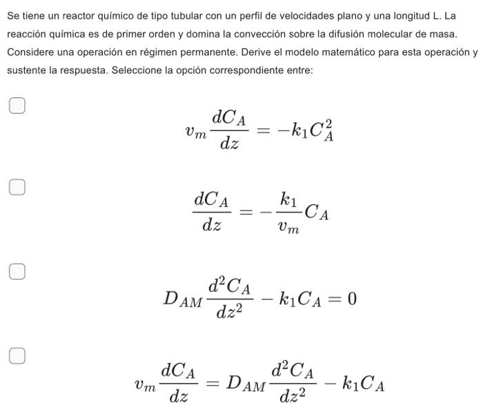 Se tiene un reactor quimico de tipo tubular con un perfil de velocidades plano y una longitud L. La reacción química es de pr