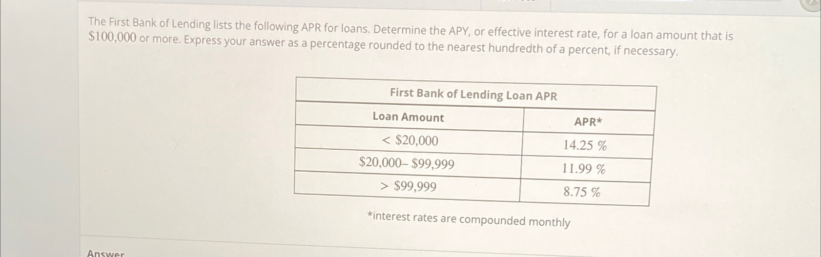 Solved The First Bank of Lending lists the following APR for | Chegg.com