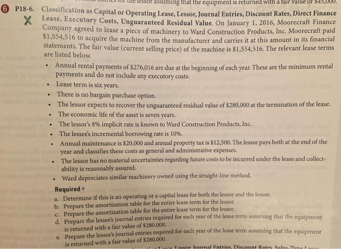 Solved Classification as Capital or Operating Lease, Lessor,