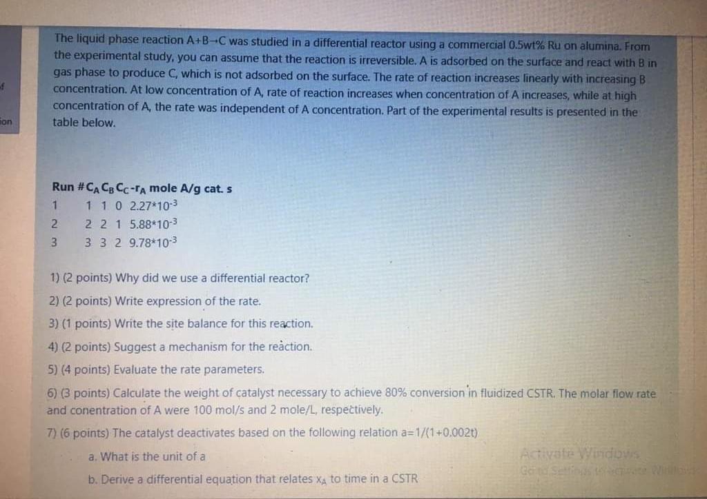 Solved The liquid phase reaction A+B-C was studied in a | Chegg.com