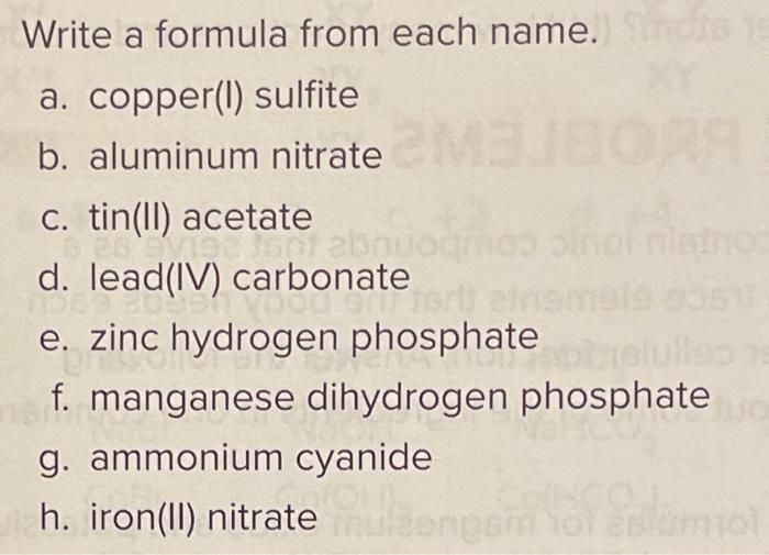 Solved Write a formula from each name. a. copper(l) sulfite