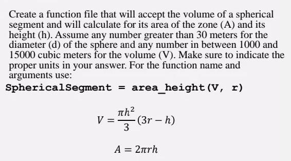 Solved Create a function file that will accept the volume of | Chegg.com