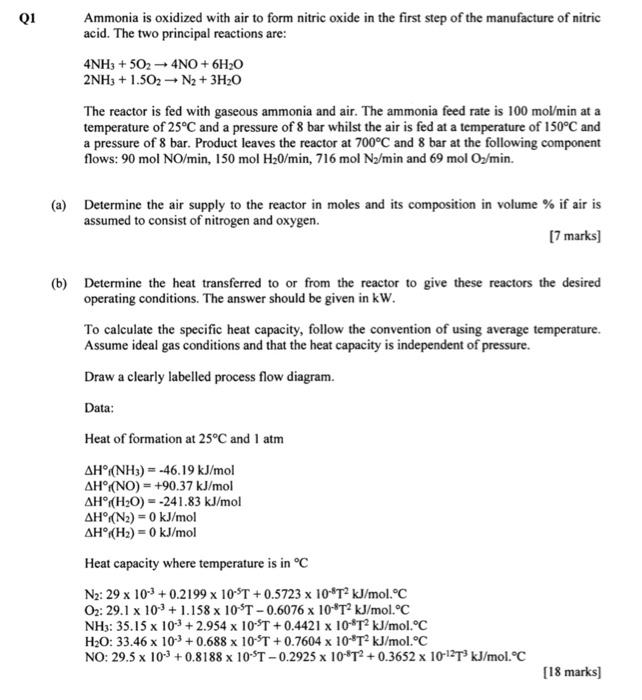 Solved Q1 Ammonia is oxidized with air to form nitric oxide | Chegg.com