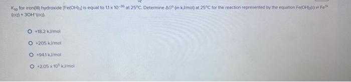 Solved Ksp for iron(III) hydroxide [Fe(OH)3] is equal to 1.1 | Chegg.com