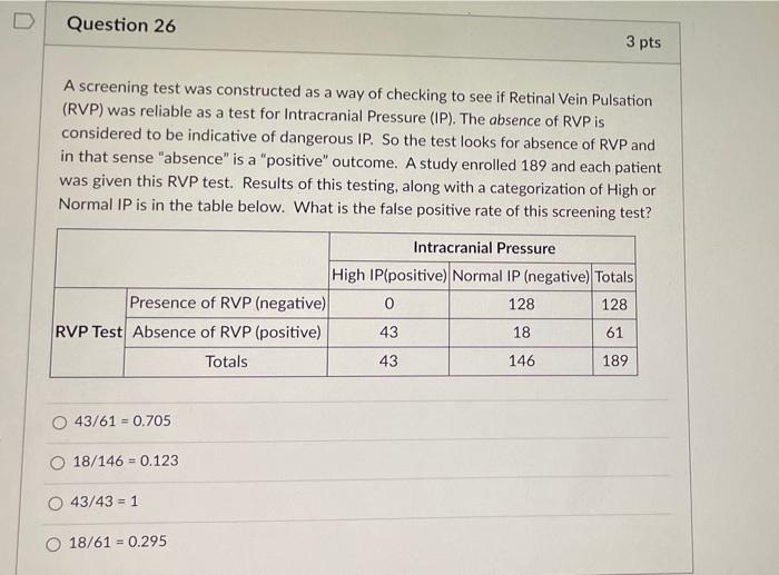 Solved Question 26 3 pts A screening test was constructed as | Chegg.com