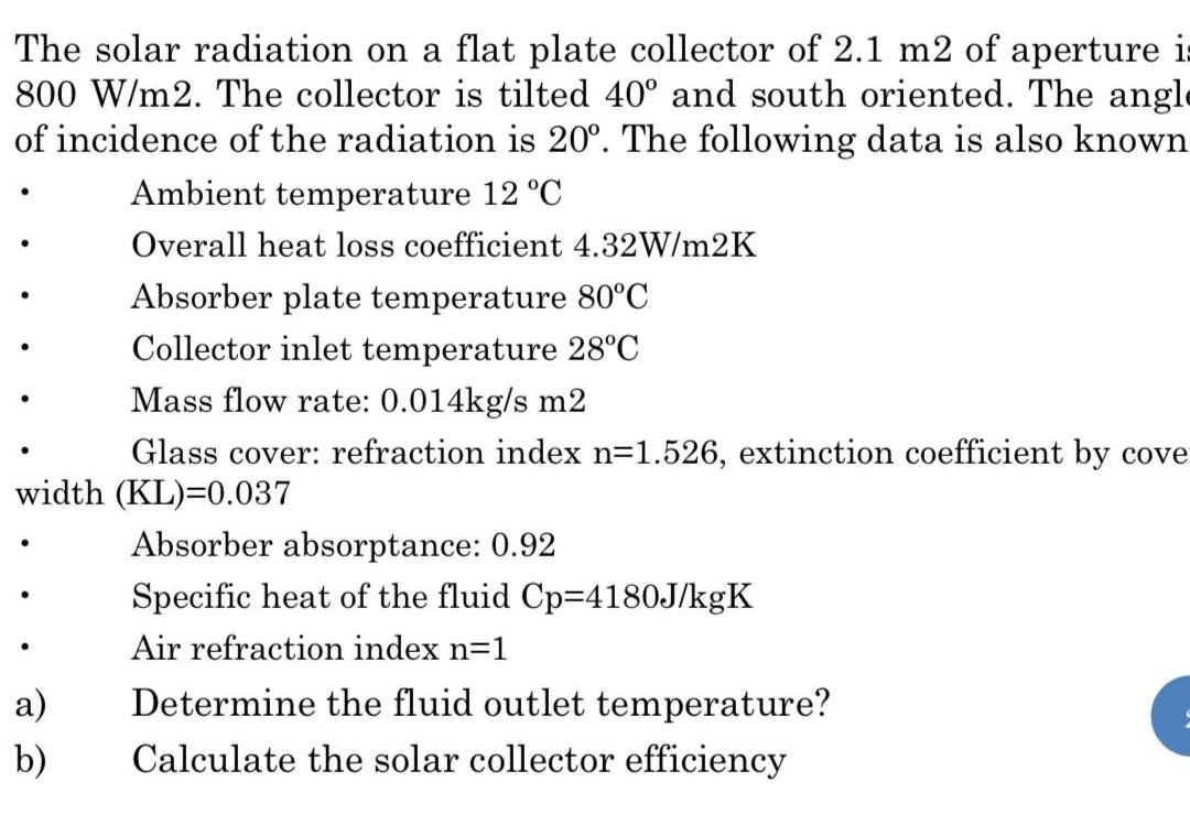 Solved The solar radiation on a flat plate collector of 2.1 | Chegg.com