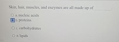 Solved Skin, hair, muscles, and enzymes are all made up ofa. | Chegg.com