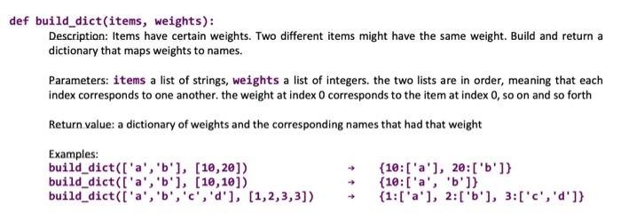 Solved Def Build Dict Items Weights Description Items Chegg Com