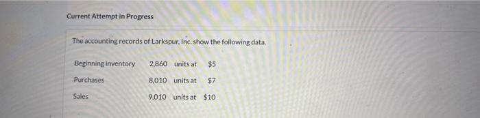 Current Attempt in Progress
The accounting records of Larkspur. Inc. show the following data.