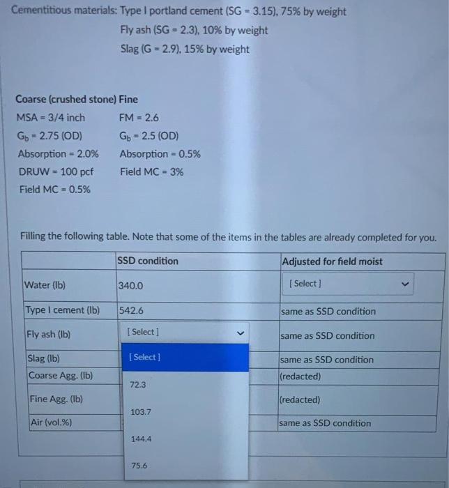 Solved Complete the concrete mix design shown below using
