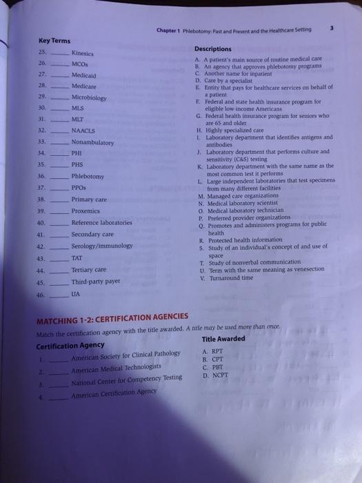 Chapter 1 Phlebotomy: Past and Frent and the Healthcare Setting Key Terms 25 26 Kinesies MCOS Medicaid Medicare Microbiology