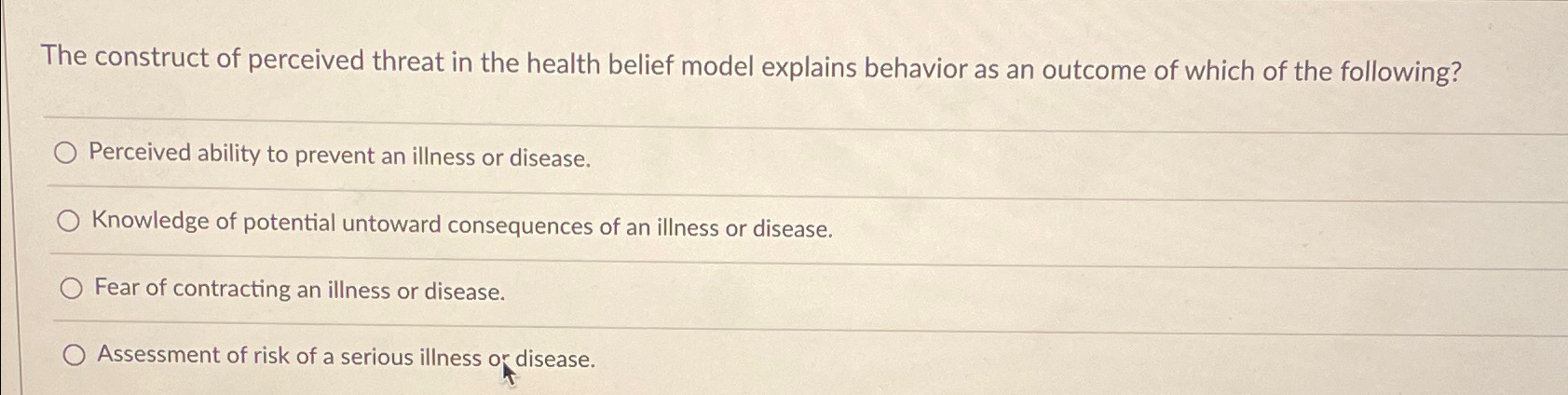 Solved The construct of perceived threat in the health | Chegg.com
