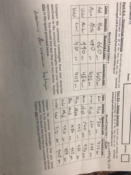 Solved Name: Section: Experiment 11 Part B.4 - Deuterium | Chegg.com