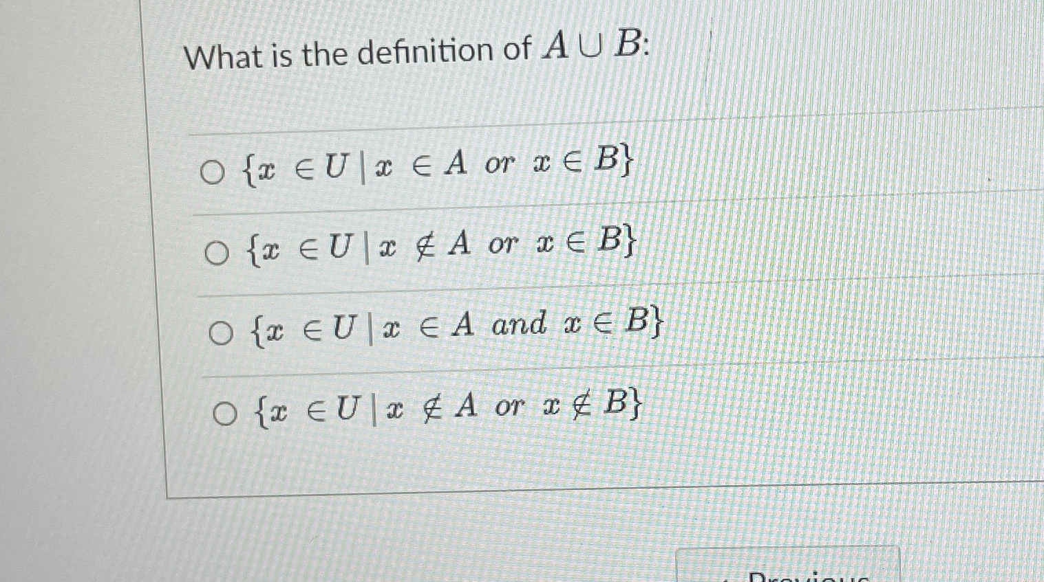 Solved What is the definition of A∪B ﻿: ﻿or xinB ﻿or xinB | Chegg.com