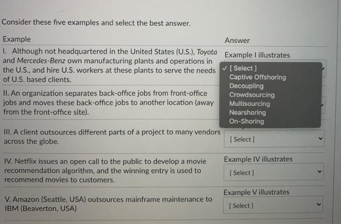 Solved Consider these five examples and select the best | Chegg.com