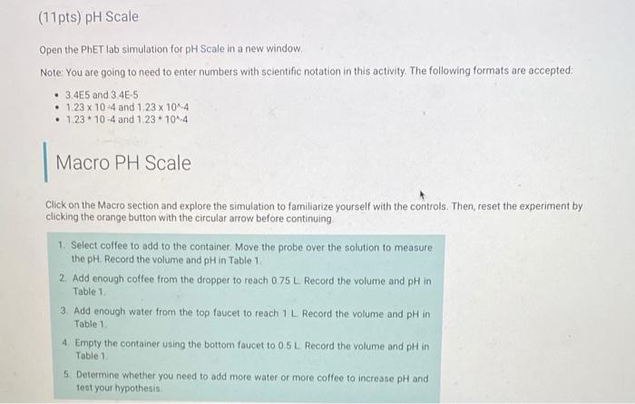 (11pts) pH Scale Open the PhET lab simulation for pH | Chegg.com