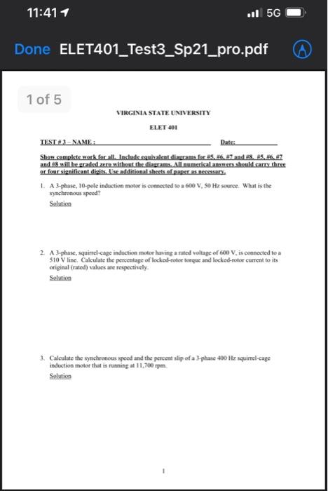 Solved 11:41 1 ..1 5G Done ELET401_Test3_Sp21_pro.pdf 1 of 5 | Chegg.com