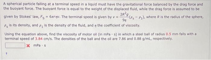 Solved A spherical particle falling at a terminal speed in a | Chegg.com