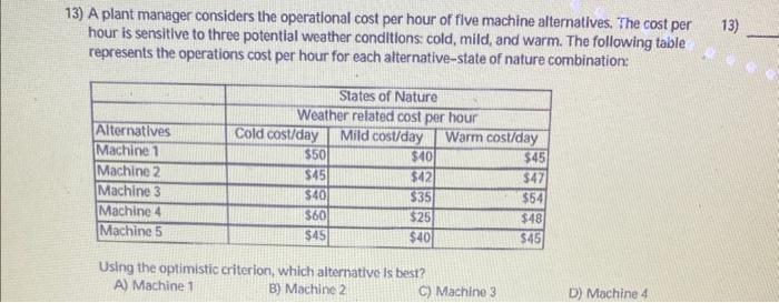 Solved 13. a plant manager considers the operational cost | Chegg.com