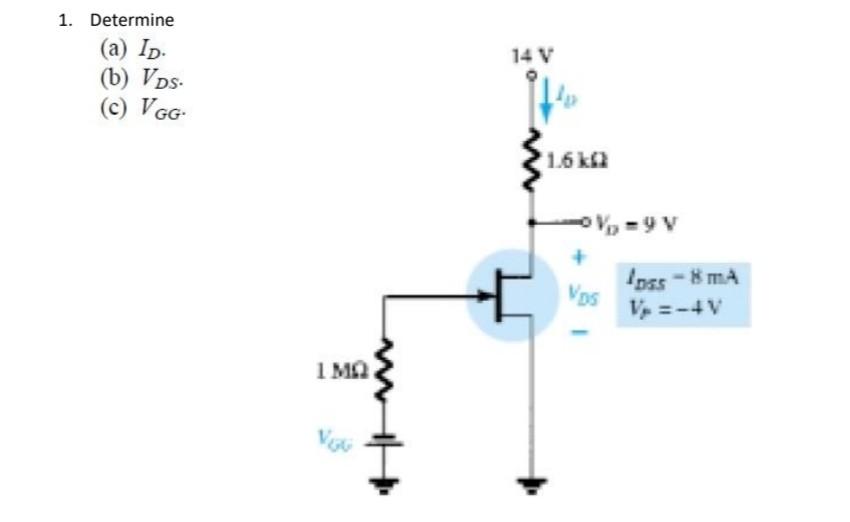 1. Determine (a) \( I_{D} \). (b) \( V_{D S} \). (c) \( V_{G G} \).