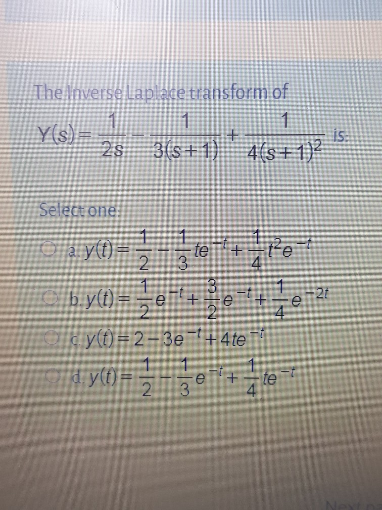 Solved The Inverse Laplace Transform Of 1 1 1 Y S 318 Chegg Com