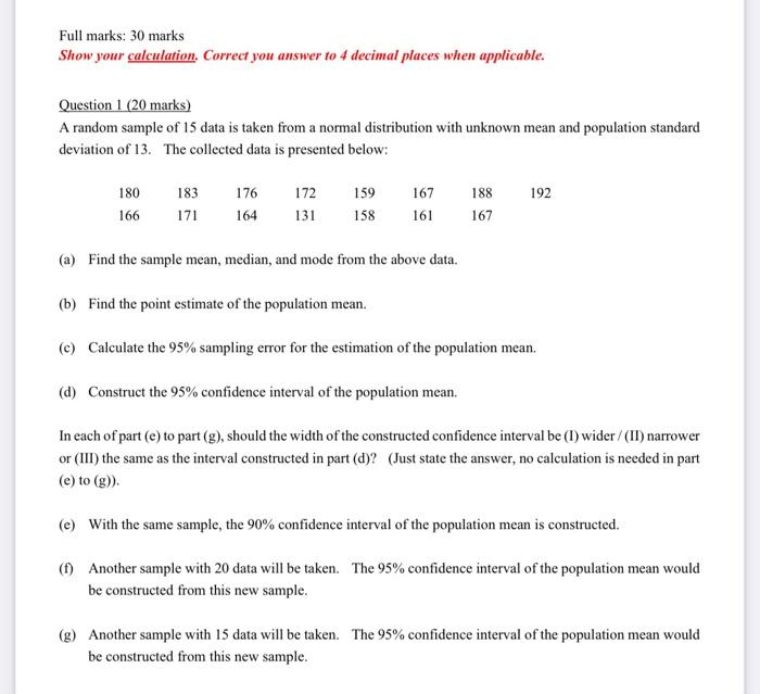 Solved Full marks: 30 marks Show your calculation. Correct | Chegg.com