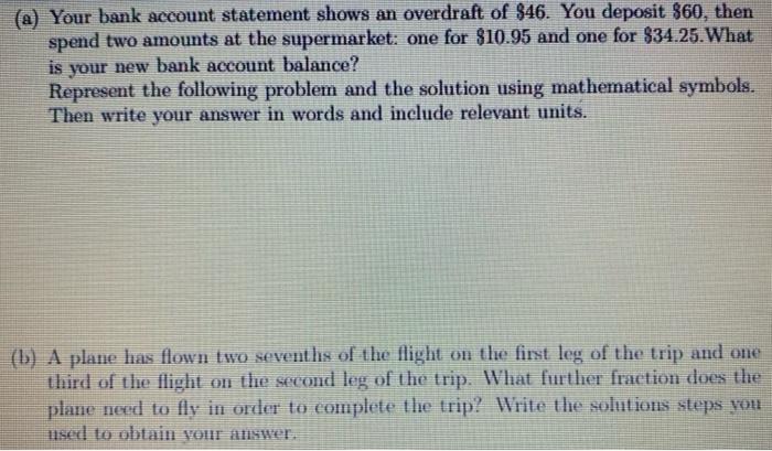 Solved (a) Your bank account statement shows an overdraft of | Chegg.com