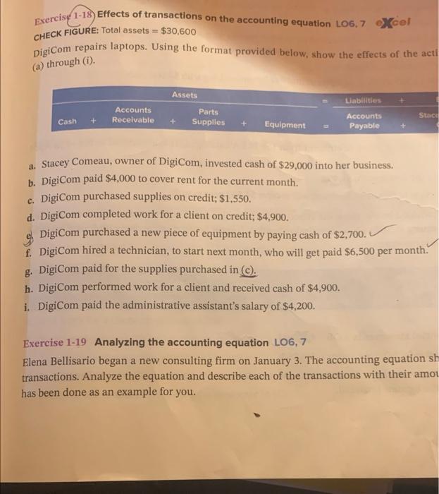 Solved Exercise 1-18) Effects of transactions on the | Chegg.com