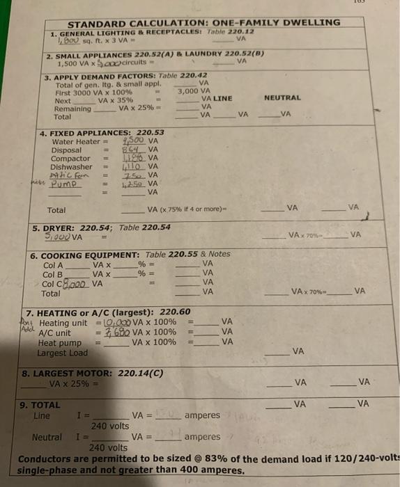 STANDARD CALCULATION ONEFAMILY DWELLING 1. GENERAL