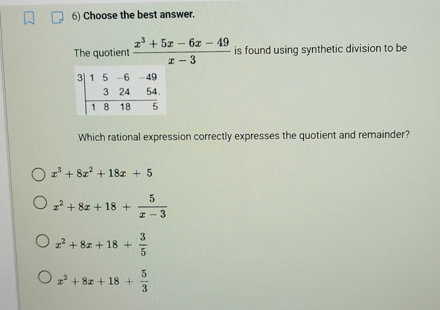3 more than the quotient of x divided by 5 answer