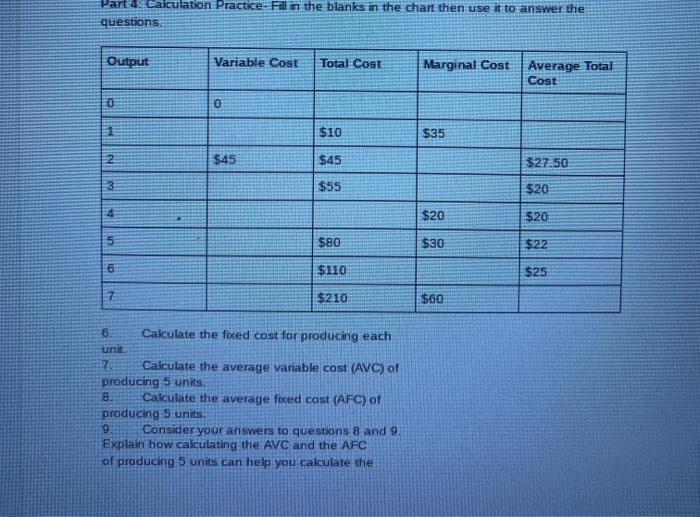 Solved Part 4 Calculation Practice Fill in the blanks in