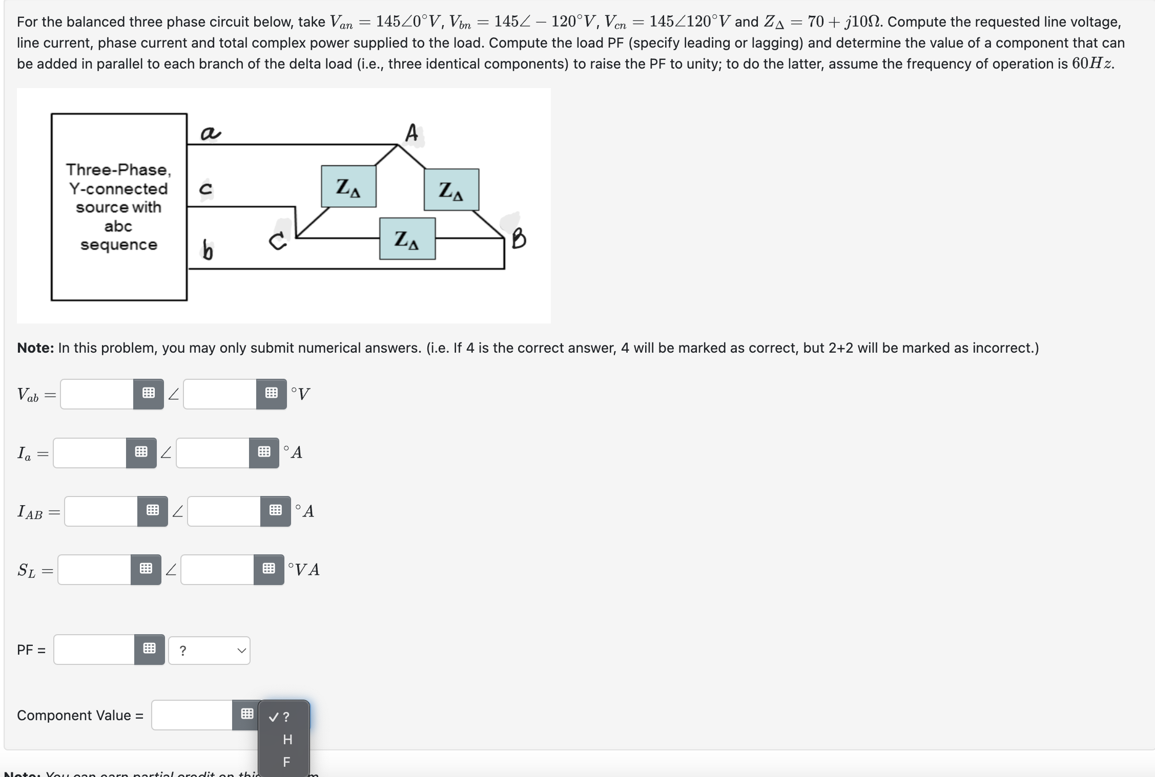 Solved For the balanced three phase circuit below, take | Chegg.com