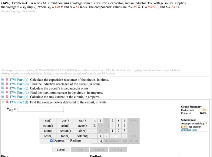 Solved (14%) Problem 4: A series AC circuit contains a | Chegg.com