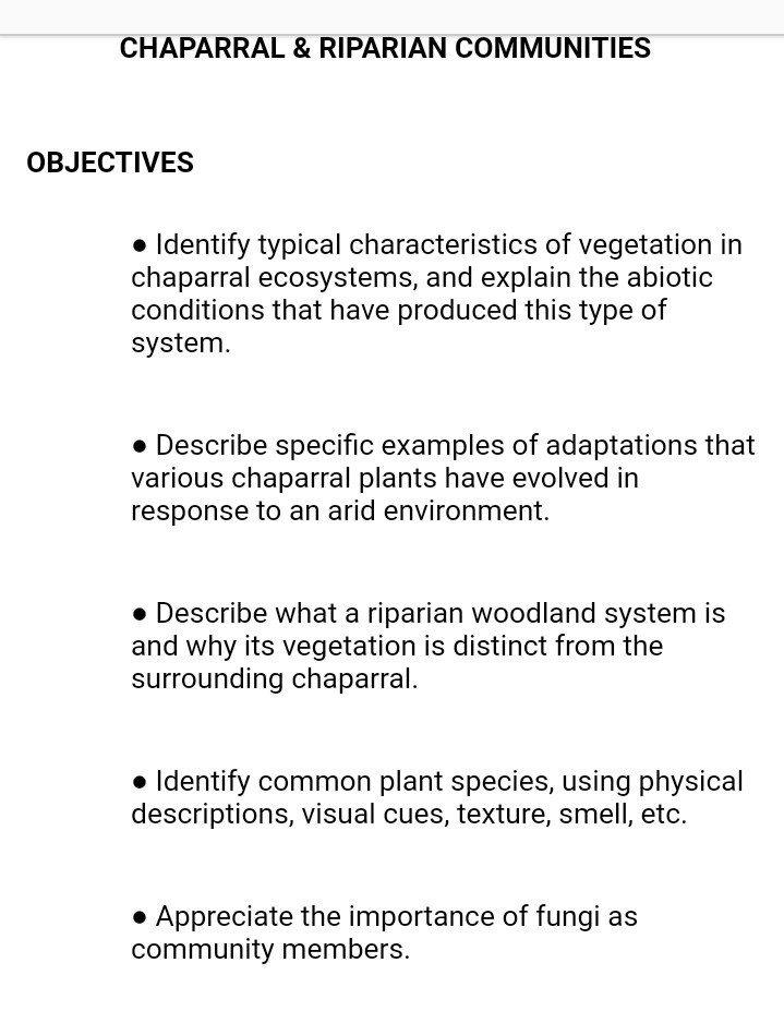 Solved CHAPARRAL & RIPARIAN COMMUNITIES OBJECTIVES • | Chegg.com