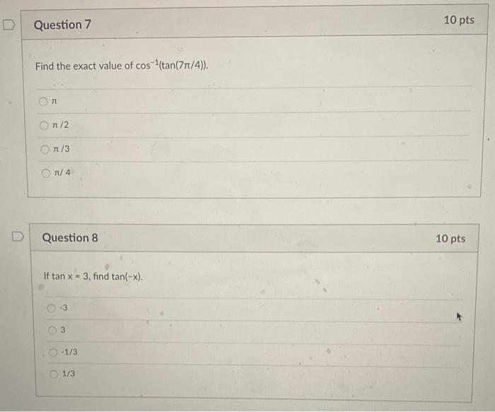 Solved Question 7 10 pts Find the exact value of | Chegg.com