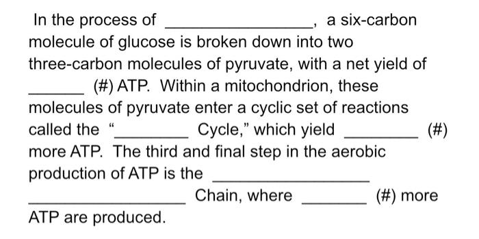 Solved In the process of , a six-carbon molecule of glucose | Chegg.com
