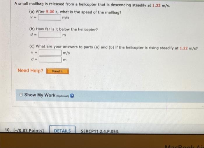 Solved A Small Mailbag Is Released From A Helicopter That Is | Chegg.com