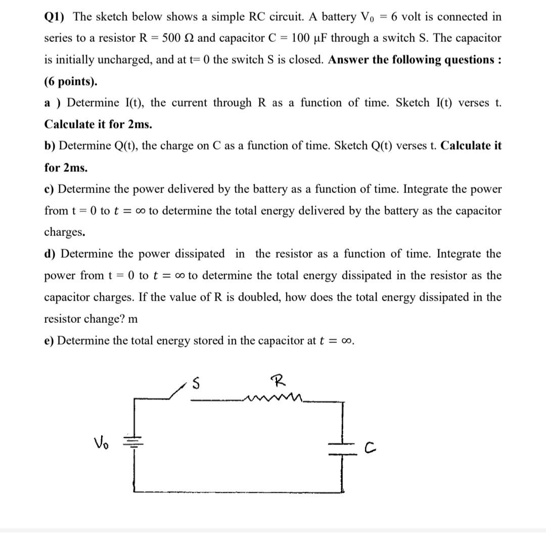 Solved Q1) The sketch below shows a simple RC circuit. A | Chegg.com