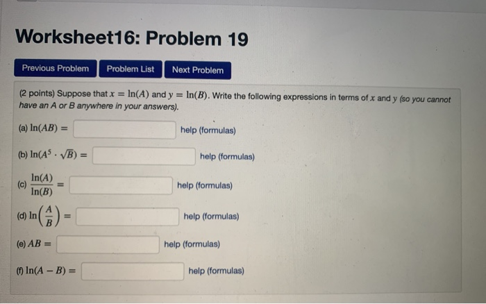Solved Worksheet16: Problem 19 Previous Problem Problem List | Chegg.com