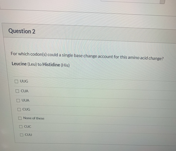 Solved Question 2 For which codon(s) could a single base | Chegg.com