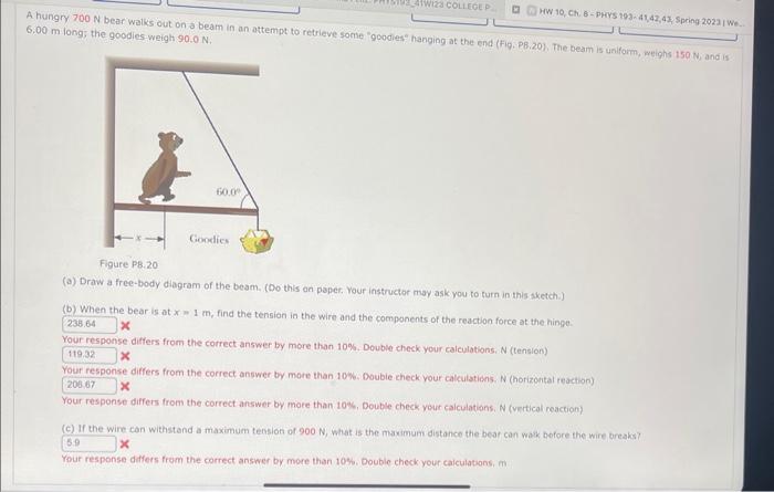 Solved A hungry 700 N bear walks out on a beam in an attempt | Chegg.com