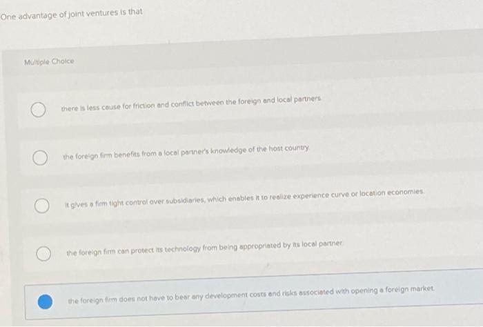 Solved One Advantage Of Joint Ventures Is That Multiple | Chegg.com