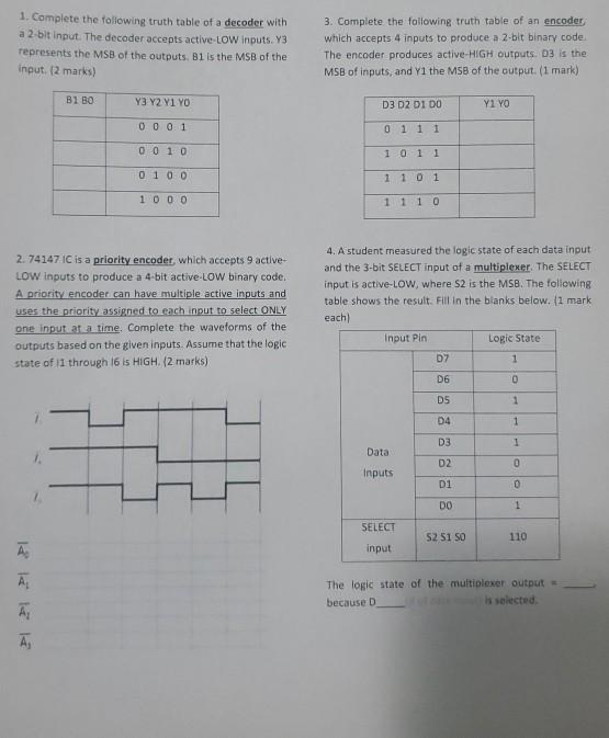 1. Complete the following truth table of a decoder | Chegg.com
