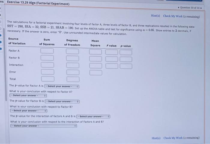 Solved The calculations for a factorial experiment involving | Chegg.com