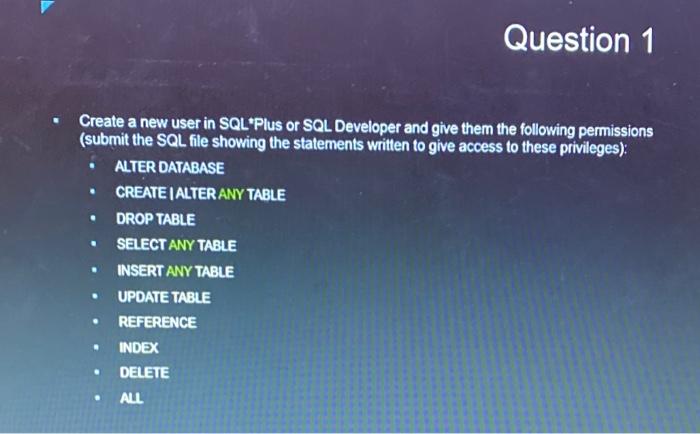 Solved Question 1 . . Create a new user in SQL*Plus or SQL | Chegg.com